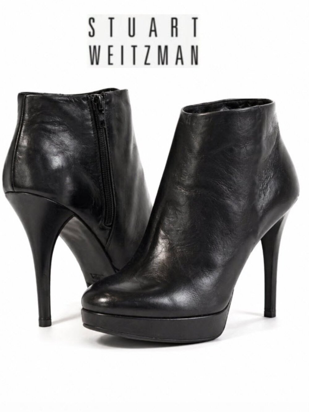 Stuart Weitzman Black Leather Platform Ankle Booties Stiletto Size 9